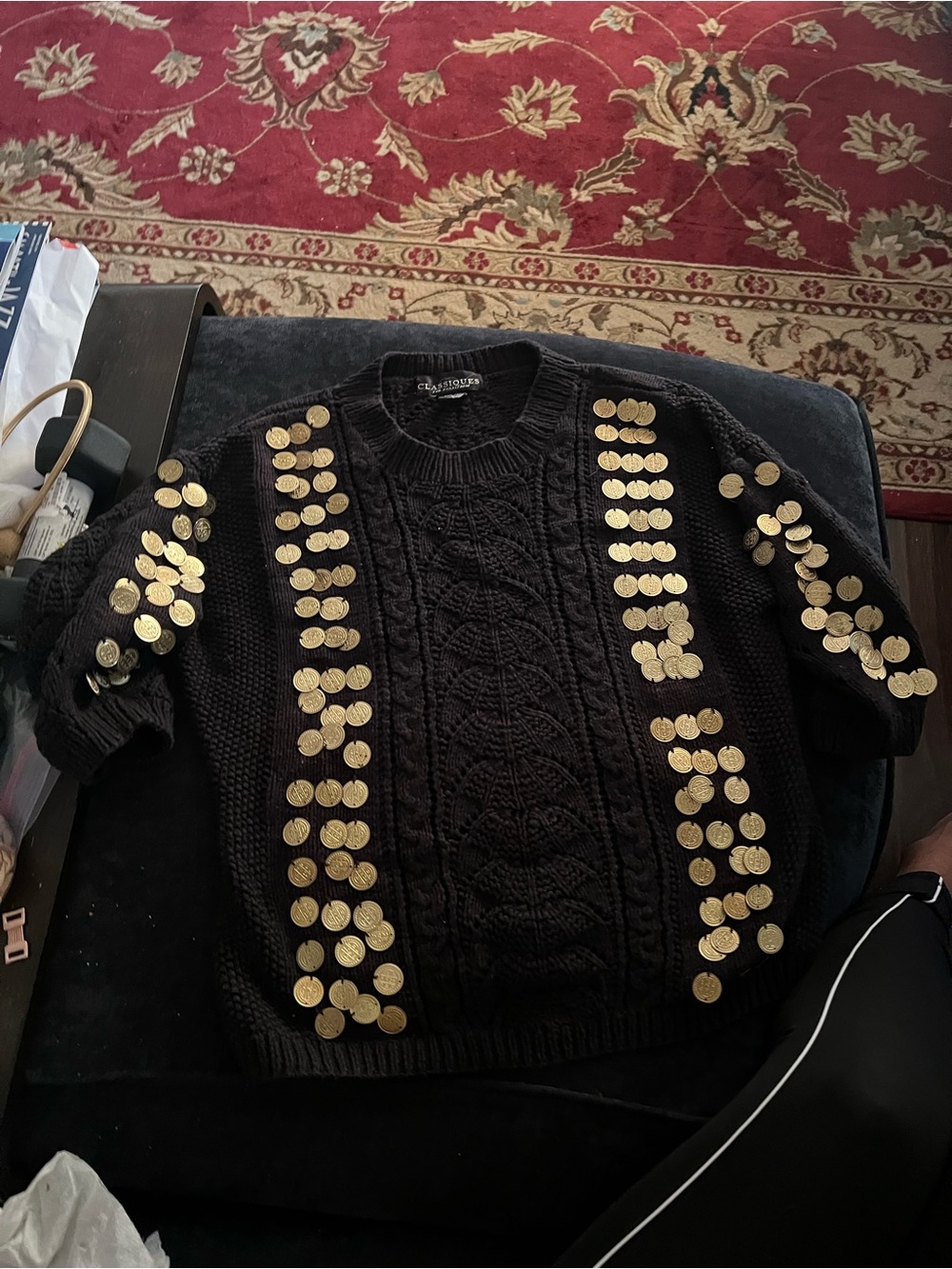 Black Embellished Vintage Hand Knit Short Sleeve Sweater with Gold Coin Accents